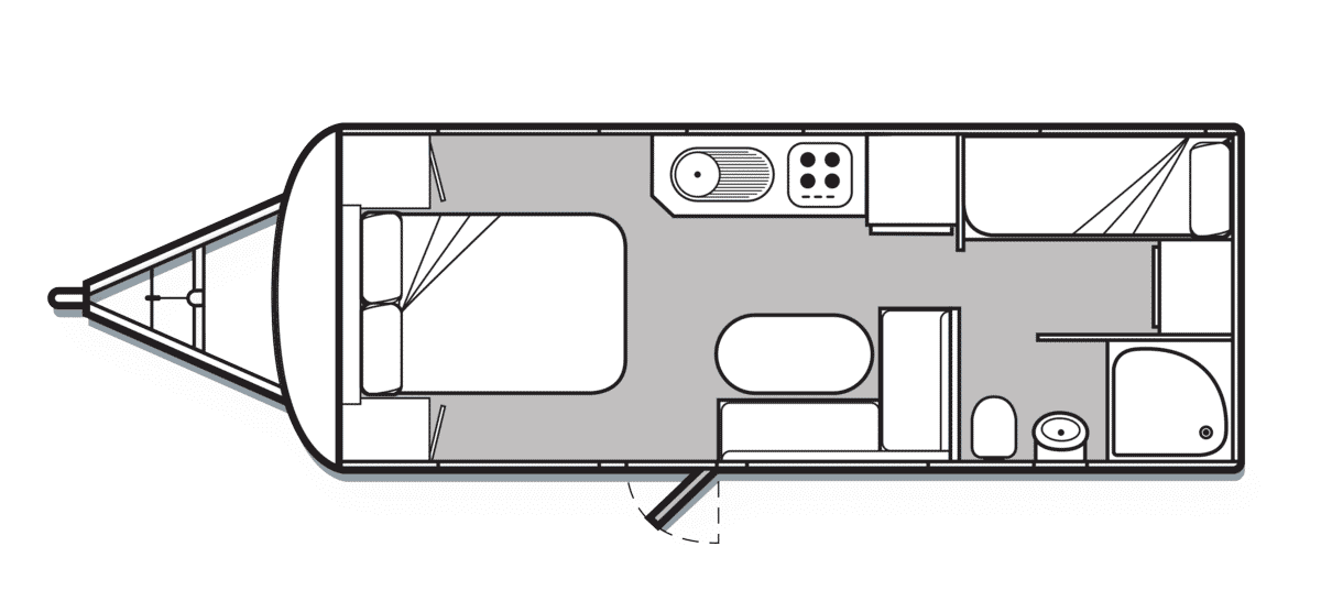 Floorplan Avan 617 Floorplan of modern family caravan with double island bed, bunk bed and ensuite